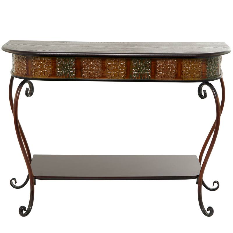 Brown Metal Embossed 1 Shelf Floral Console Table with Ornate Scroll Legs