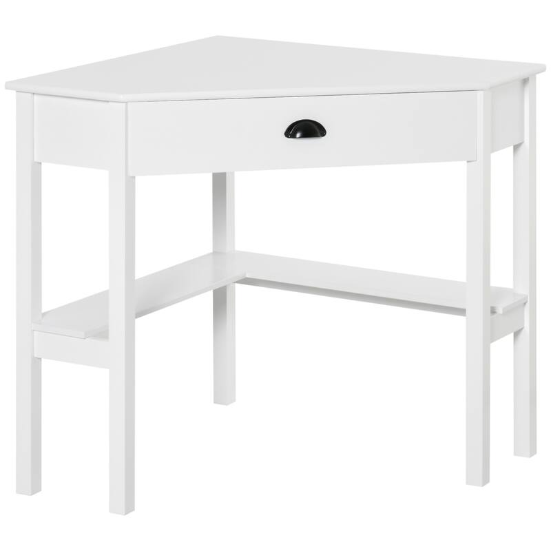 Triangle-Shaped Corner Desk with Drawer and Shelves ,Small Space Computer Desk for Living Room or Bedroom - White