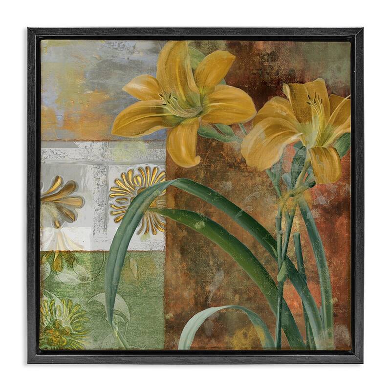 Stupell Yellow Lilies on Vintage Tile Framed Floater Canvas Wall Art Design By Sasha - 18 x 18 - Black