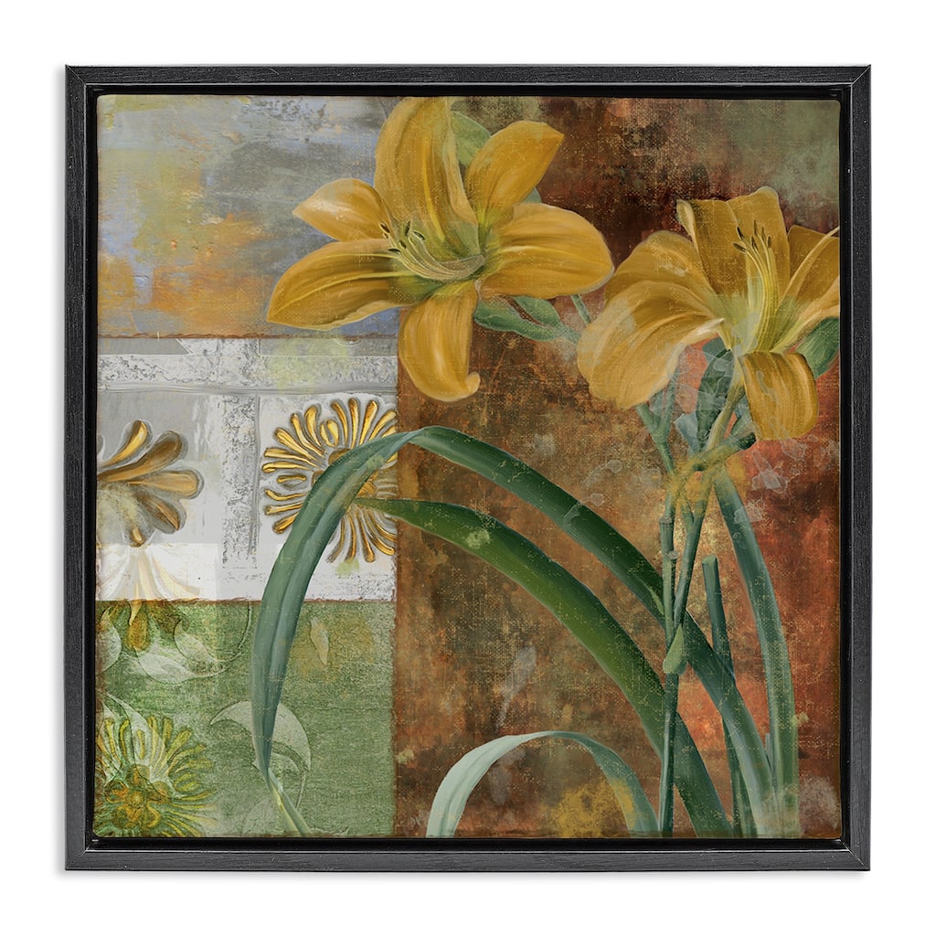 Stupell Yellow Lilies on Vintage Tile Framed Floater Canvas Wall Art Design By Sasha