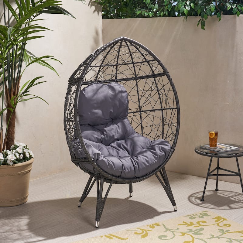 Gianni Teardrop Chair Gray PE Rattan Iron Frame Waterproof Fabric Cushion Outdoor Patio - Gray