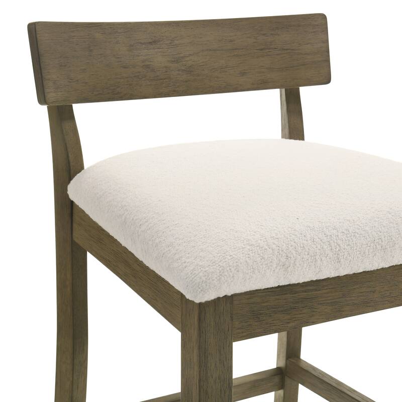 Merie Modern Transitional Wood Counter Height Kitchen Bar Stool with White Boucle Fabric Upholstered Seat