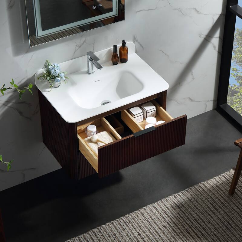 Modland Fluted Floating Vanity with Sink, Plywood Wall Mount Cabinet, Curved Edge, 24/30/36 Inch