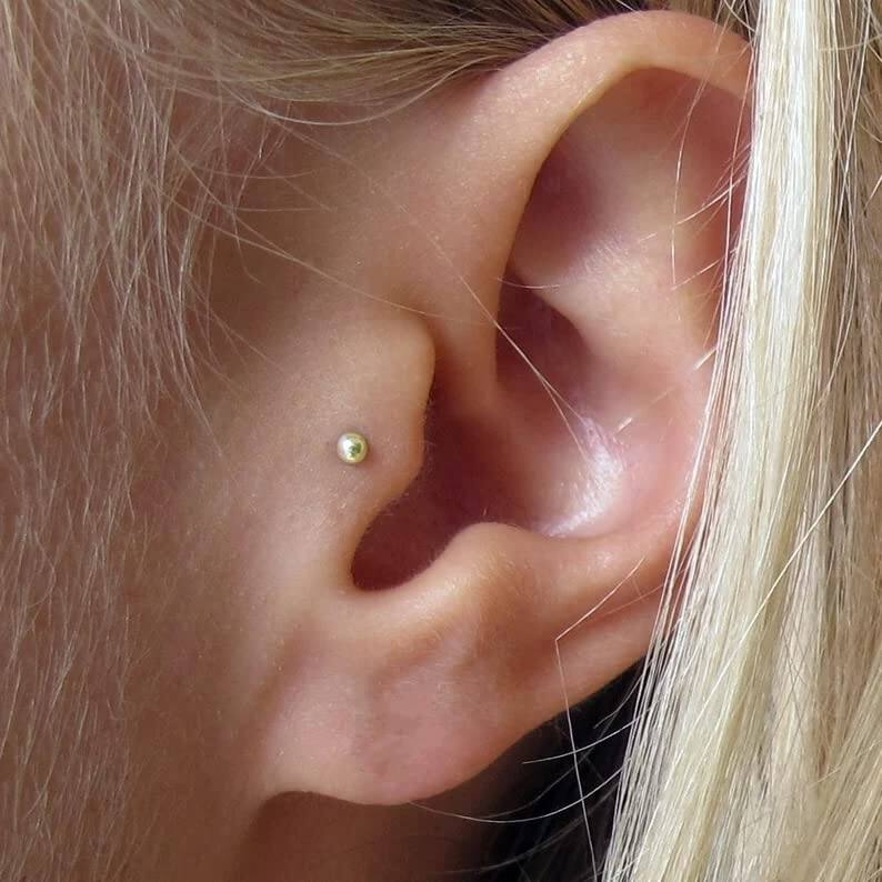 Curata Solid 14k Yellow or White Gold 16G 3mm Ball Labret Tragus Ear Lip Ring Stud