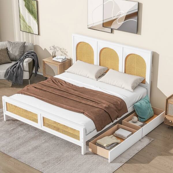 slide 2 of 14, Queen Size Wood Storage Platform Bed with Rattan Headboard White - Queen