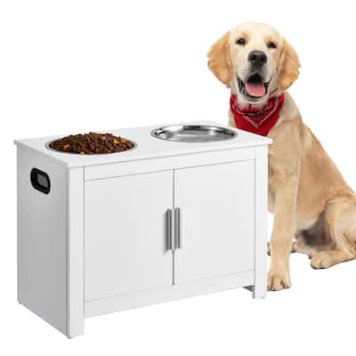 White MDF Pet Feeding Station with 2 Elevated Dog Bowls and Toy Storage Cabinet - 23.62 x 11.81 x 17.32 inch