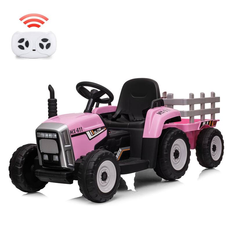 12V Kids Electric Tractor w/Remote Control Treaded Tires,Battery Powered Ride On Tractor with Trailer & 2+1-Gear-Shift - 35W - Pink