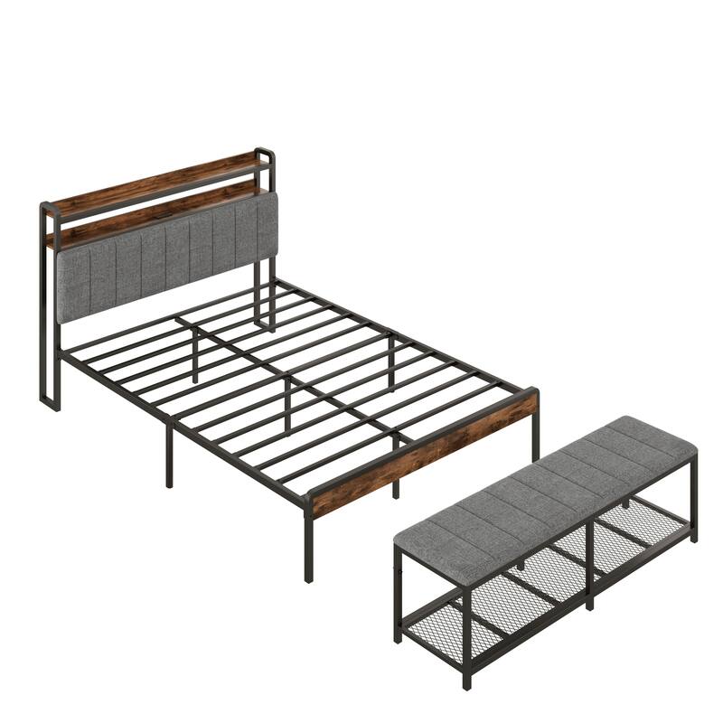 Javlergo Bed Frame with Bench, Bedframes with Charging Staions, Headboard and Storage Bench, LED Lights and Storage Shelves