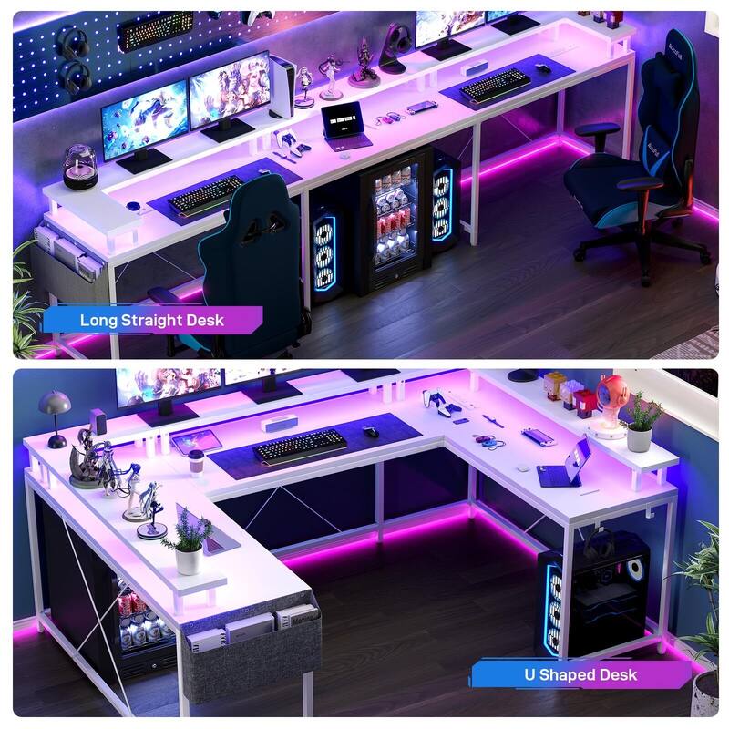 U Shaped Desk, 126 Inch Gaming Desk with Monitor Stand and LED Lights