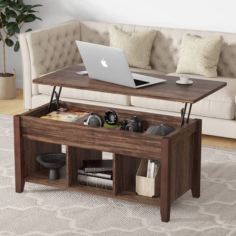 Lift Top Coffee Table with Hidden Storage Compartment and Shelf - Brown