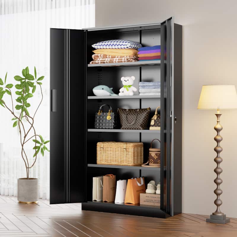 36 inch - 71 inch Tall File Cabinet Metal Storage Cabinet with Lockable Doors and Adjustable Shelves for Office, Home, Pantry - 71''/Black
