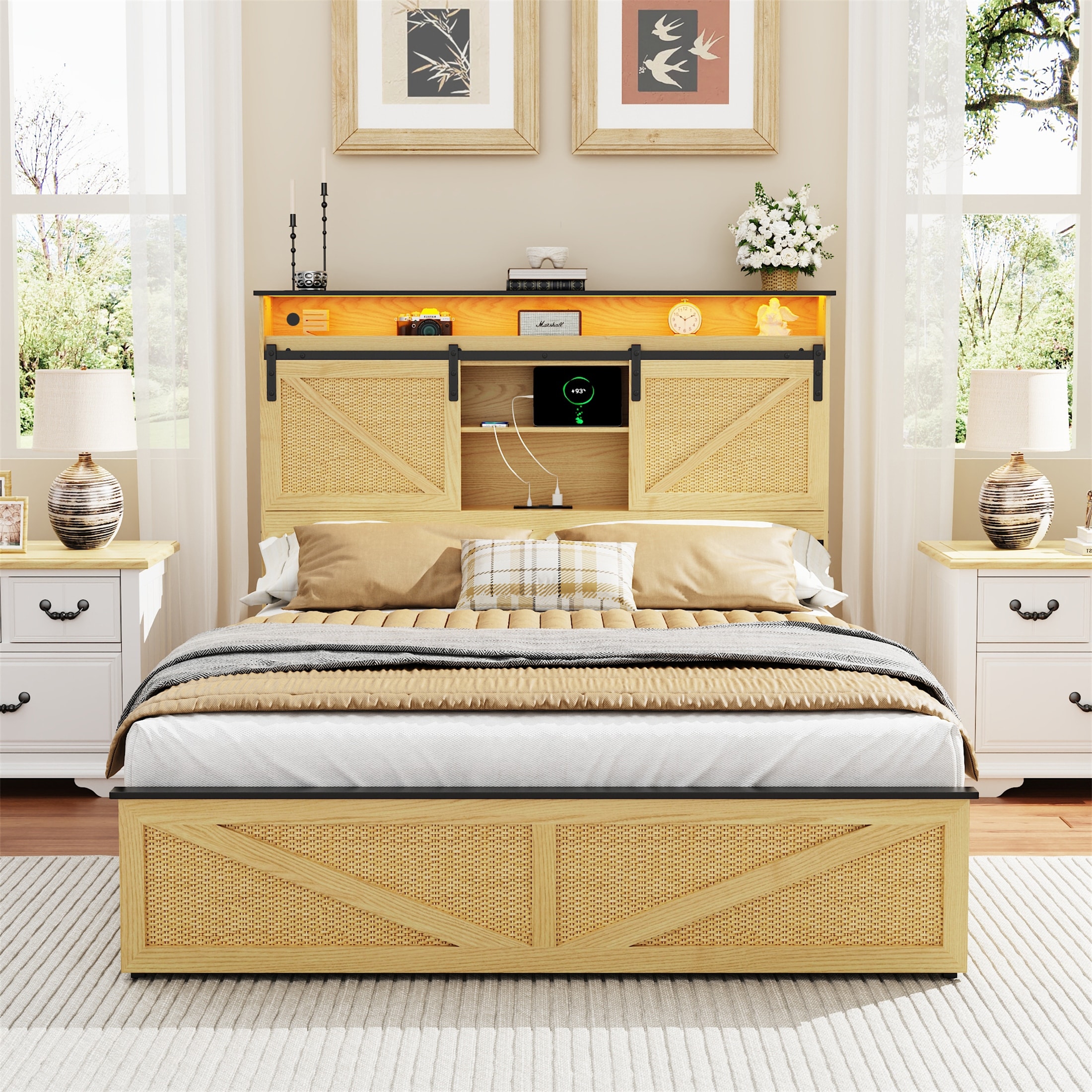 Farmhouse Queen Size Bed Frame with Storage Headboard and Drawers