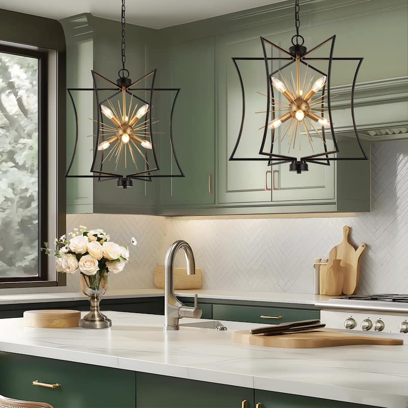 Modern Farmhouse 6-Light Black Gold Sputnik Chandelier Metal Cage Pendant Lighting for Dining Room - 20.5" D x 21.5'' H
