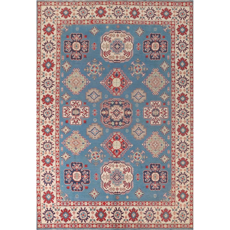 Light Blue Kazak Oriental Area Rug Hand-Knotted Geometric Wool Carpet - 8'4"x 11'2"
