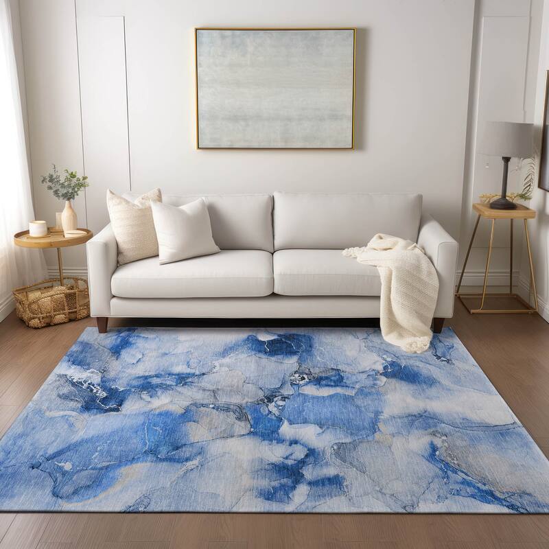 Machine Washable Indoor/ Outdoor Abstract Watercolor Chantille Rug - 3' x 5' - Navy