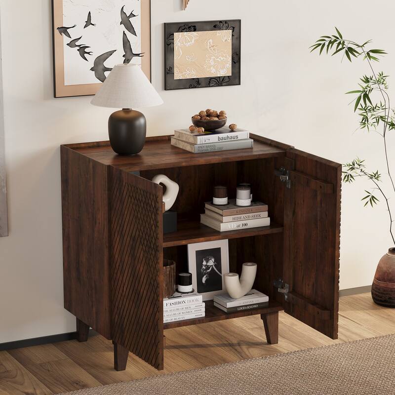 Wood Accent Cabinet Fluted Mango Wood Storage Cabinet with Adjustable Shelf