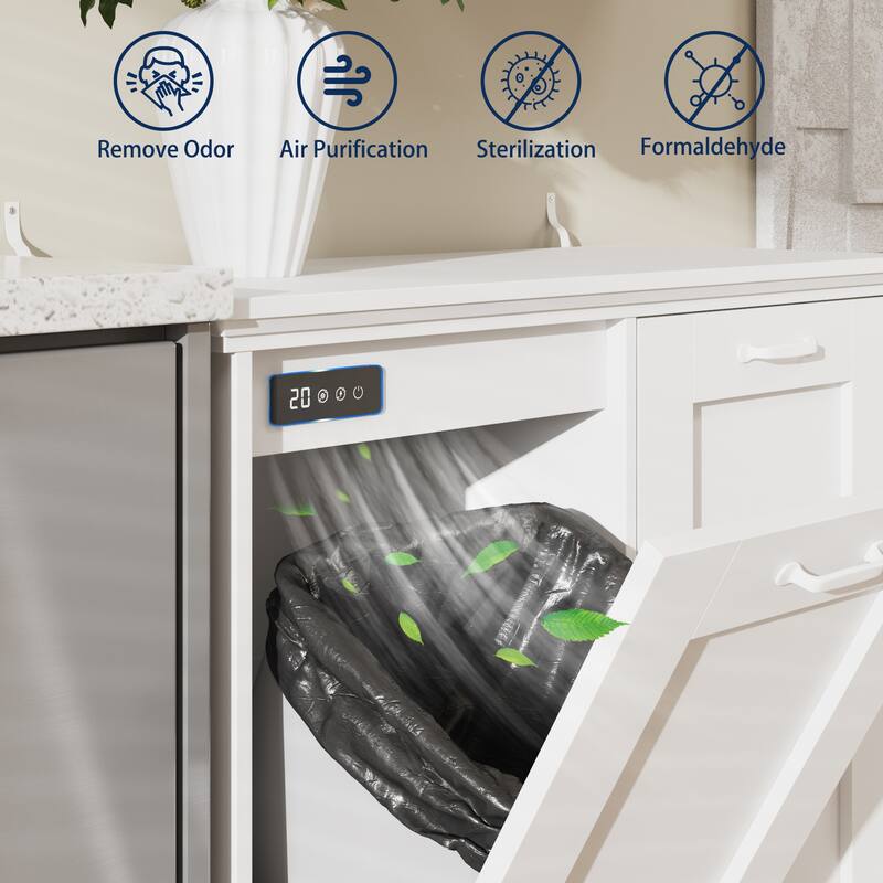 Ozone Deodorizing Trash Bin Cabinet Trash Cabinet, Wooden Kitchen Garbage Bin Storage Cabinet with Hidden Bins, White