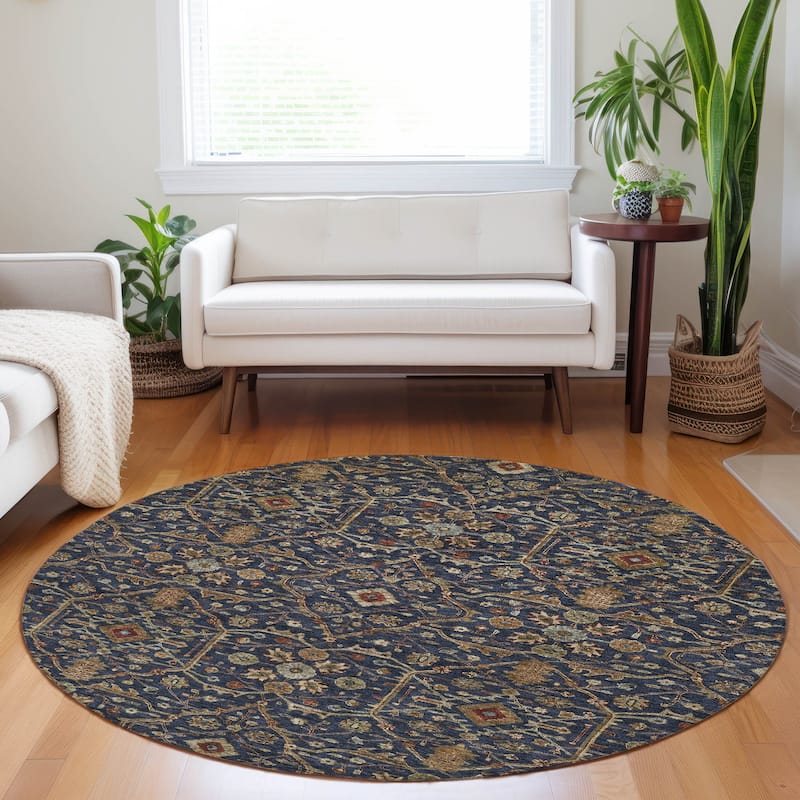 Machine Washable Indoor/ Outdoor Traditional Persian Chantille Rug - Navy - 8' x 8'