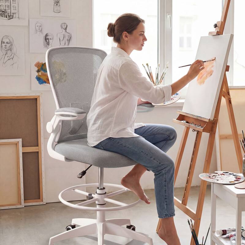 Gymax 2PCS Home Office Drafting Chair w/Flip-Up Armrests Adjustable