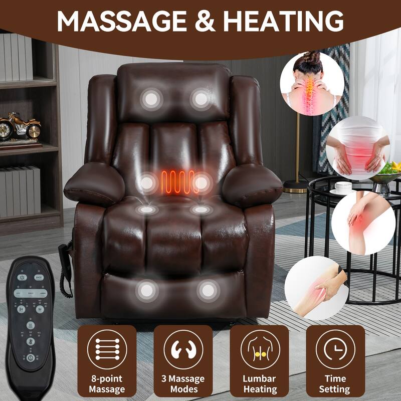 Brown Electric Power Lift Recliner Chair with Dual Motors, 8-Point Vibration Massage, and Lumbar Heating