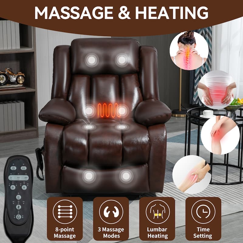 Brown Medium-Sized Electric Power Lift Recliner Chair in Genuine Leather with Dual Motors, 8-Point Massage, Lumbar Heating