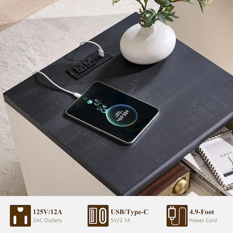 Modern Nightstand Set of 2, Bedside Table with Charging Station