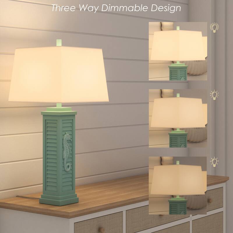 Lux Lighting Sea Horse Shutter 32" Teal Blue/Green Coastal Lamp with USB Charging port (Set of 2) 3-Way Switch