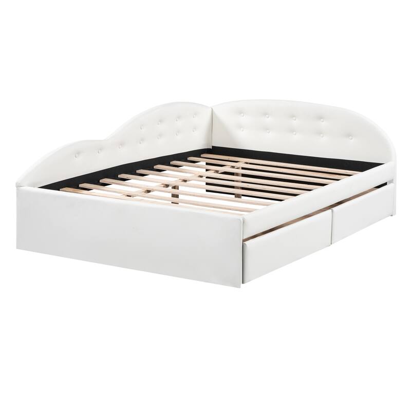 Full Size Tufted Daybed w/ Drawers &Cloud Shaped Guardrail Storage Bed, White Bed Bath
