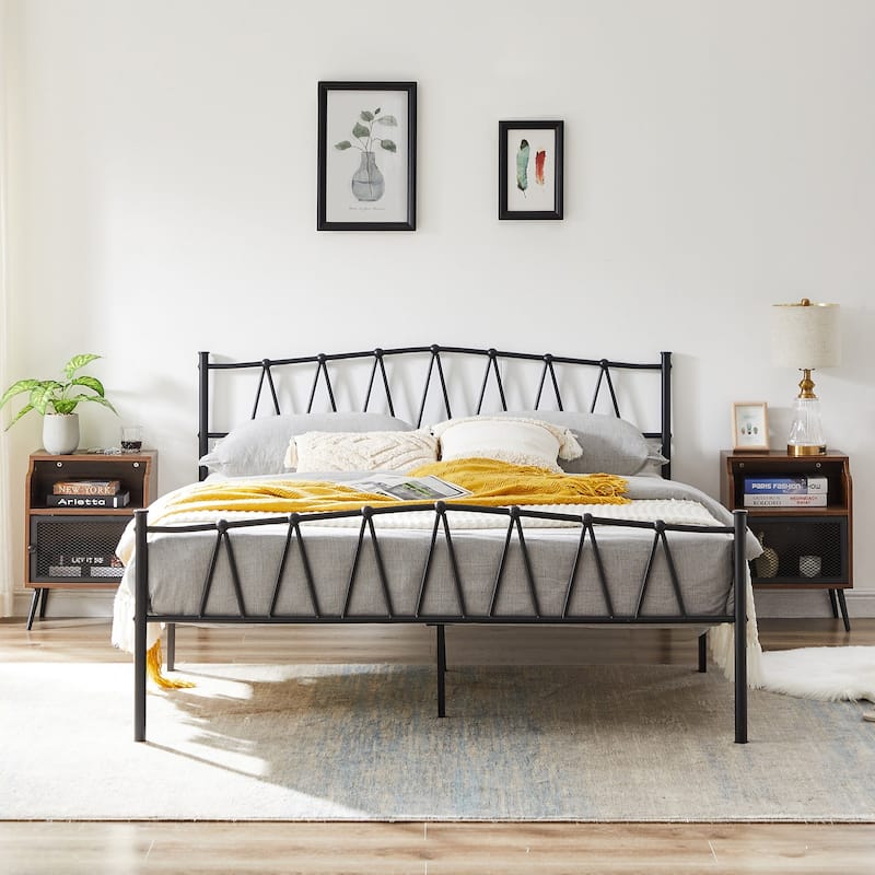 Industrial 3 Piece Bedroom Set Black Platform Bed Frame and Modern Brown Nightstands Set of 2