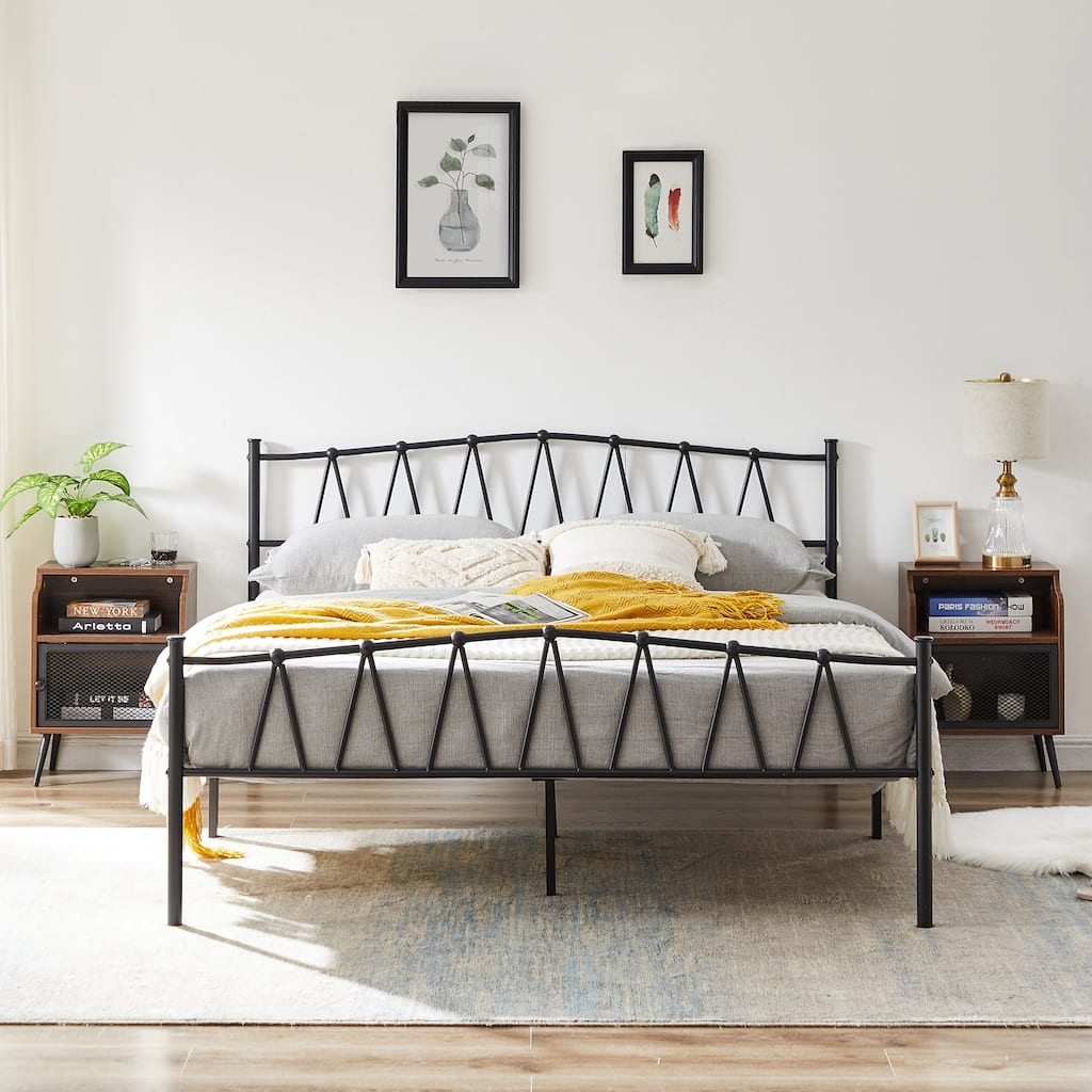 Industrial 3 Piece Bedroom Set Black Platform Bed Frame and Modern Brown Nightstands Set of 2