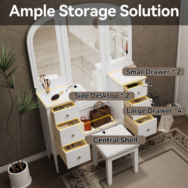 Makeup Vanity Desk with Triple Mirror, 6-Drawer Dressing Table Set Including Stool, Full Length Mirror