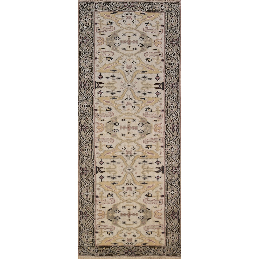 All-Over Ivory Oushak Indian Runner Rug Handmade Wool Carpet - 2'6"x 7'9"