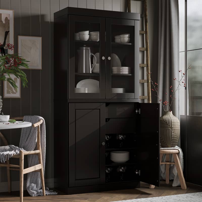 Palace Imports 100% Solid Wood Pantry Cabinet with Frosted, Clear Glass or Solid Doors, 2-Drawers and Adjustable Shelves - Black - Clear Glass-Solid