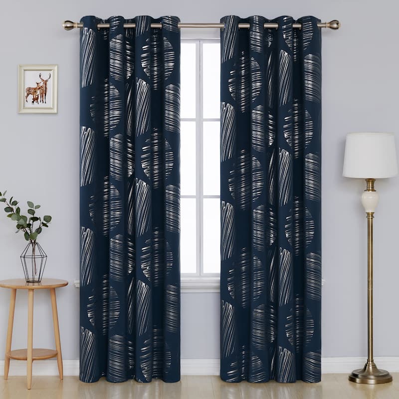 Deconovo Room Darkening Curtains with Silver Foil Circle Print, 2 Panels - 52W x 54L - Navy Blue