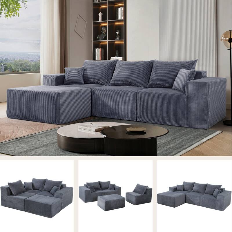 Flexible Layout 4 Piece Modular Couch Convertible L-shaped Sectional Sofa with Ottoman Chaise Lounge and Corduroy Upholstery