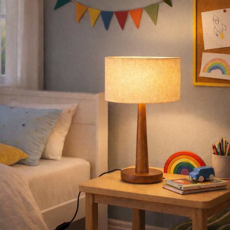 18.5" Modern Table Lamp with Walnut Wood Base, Dimmable Bedside Lamp, UL Listed