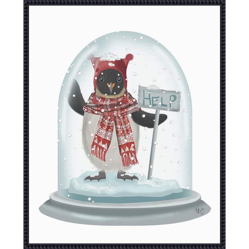 Christmas Penguin Snow Globe by Fab Funky (23 x 28 in.), Framed Canvas Wall Art Print - Sylvie Beaded Black