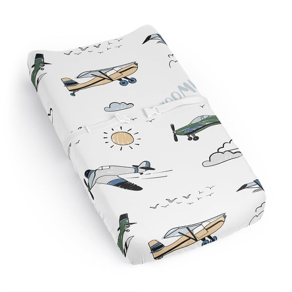 slide 2 of 6, Sweet Jojo Designs Vintage Airplane Boy Changing Pad Cover Sheet Green Blue Yellow Airplanes Plane Transportation Clouds Sun Sky