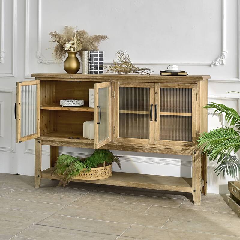 Rossetta 4-Door Elegant Rustic Accent Design Natural Wooden Sideboard Cabinet with Open Storage Shelf