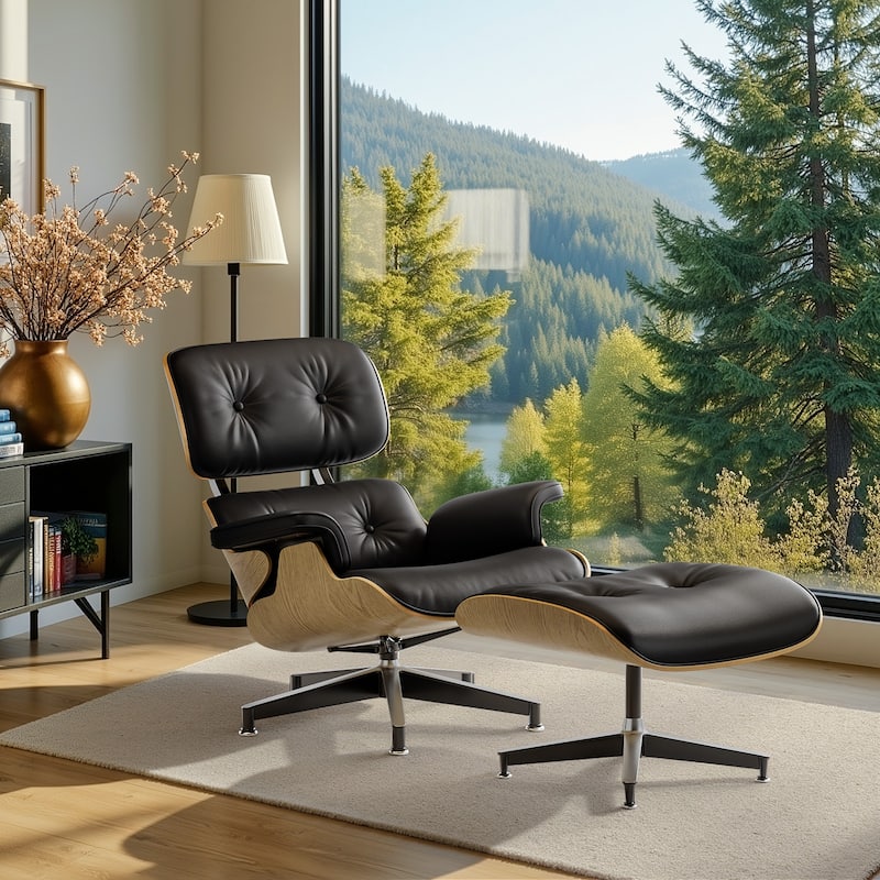 Furgle Genuine Leather Accent Lounge Chair and Ottoman Walnut Wood - Black Ashwood 