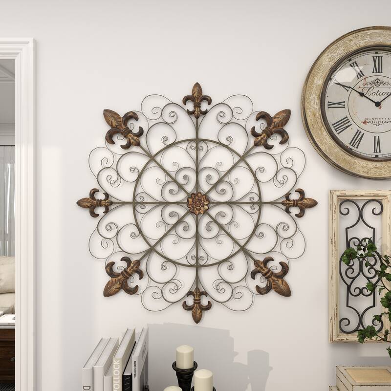 Brown Metal Medallion Fleur De Lis Home Wall Decor with Detailed Scrollwork