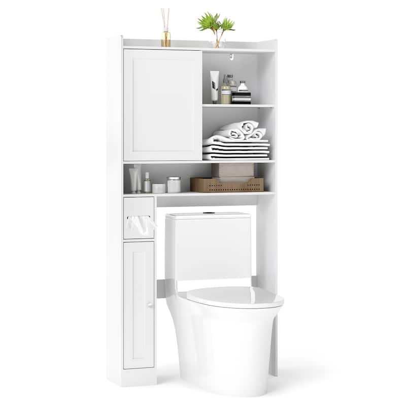 White MDF Over-the-Toilet Storage Cabinet with Sliding Door Adjustable Shelves and Toilet Paper Holder - 32.5" x 10" x 67.5"