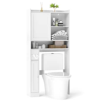 White MDF Over-the-Toilet Storage Cabinet with Sliding Door Adjustable Shelves and Toilet Paper Holder - 32.5" x 10" x 67.5"
