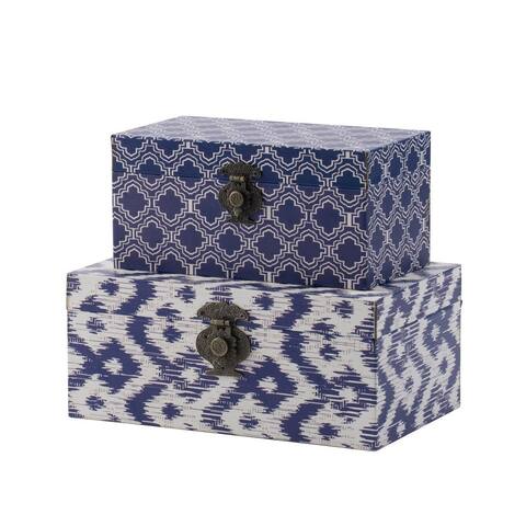 Wood Boxes, Classic Blue and White Quatrefoil Design, Set of 2