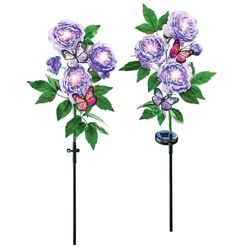 Solar Purple Peonies Decorative Garden Stakes Set of 2 19.000 x 6.000 x 4.300 On Sale