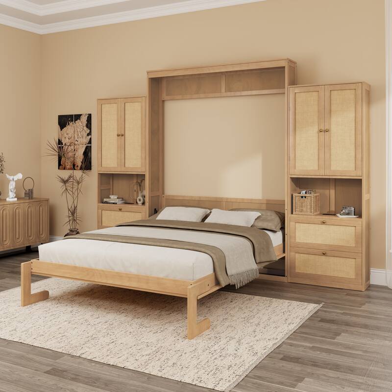 Foldable Bed Convert Cube Cabinet Rattan Murphy Bed Space-Saving Bed