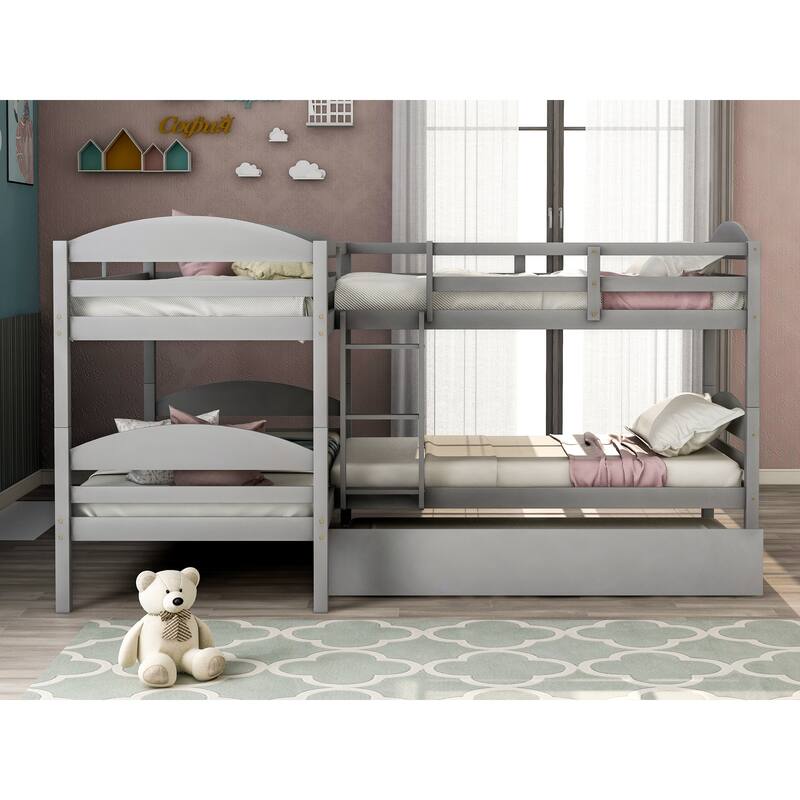 Twin L-Shaped Bunk Bed with Trundle, Wood Platform Bed Frame 2 Bunk Bed with Ladder for Small Living Spaces Multi-Child Families - Gray/ Gray - Twin