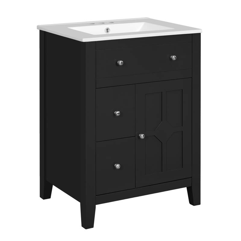 24" Bathroom Vanity with Ceramic Basin, Restroom Basin Cabinet with 2 Drawers, Small Bathroom Cabinet with Soft-Closing Door