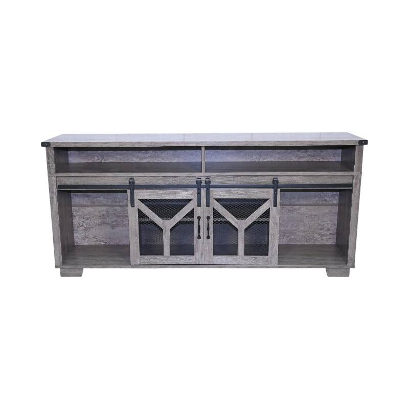 Country Style TV Stand LED TV Stand with Lron Mesh Barn Door and Y Decorative Strip, for Living Rooms, Antique Gray