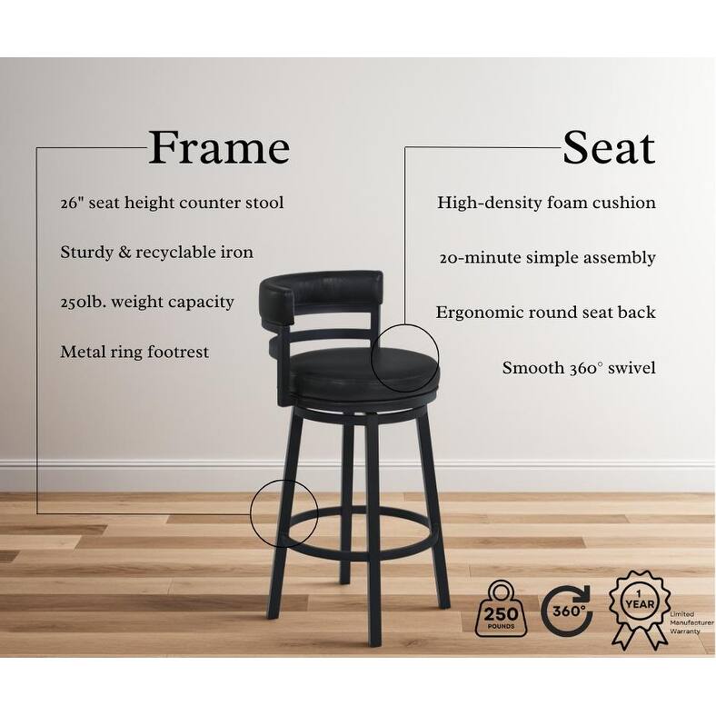 Titana Black Upholstered Metal Swivel Counter or Bar Height Barstool